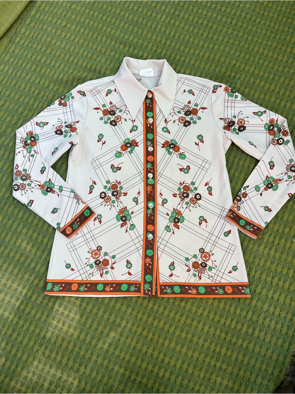 Vintage Floral Button-Front Shirt - White with Green & Orange Floral Print